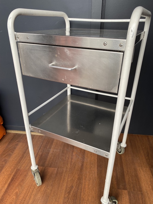 TROLLEY, Square Stainless Steel 2 Tier w White Tubular Frame